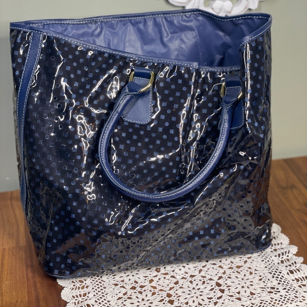 Navy Polka Dot Patent Tote Bag